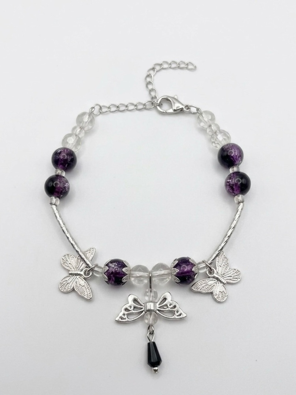 Hand Crafted Purple and Clear Beaded Bracelet with Butterfly Charms